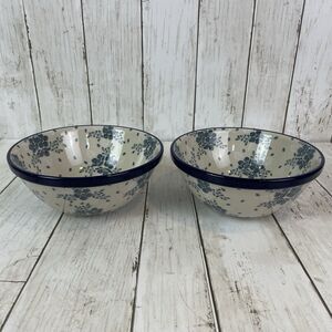 Polish Pottery Artystyczna Handmade In Poland 2 Bowls 6.5” Blue Flowers